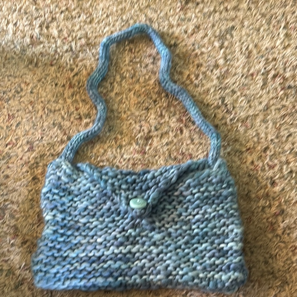 Cozy Blue Knit Shoulder Bag with Braided Strap